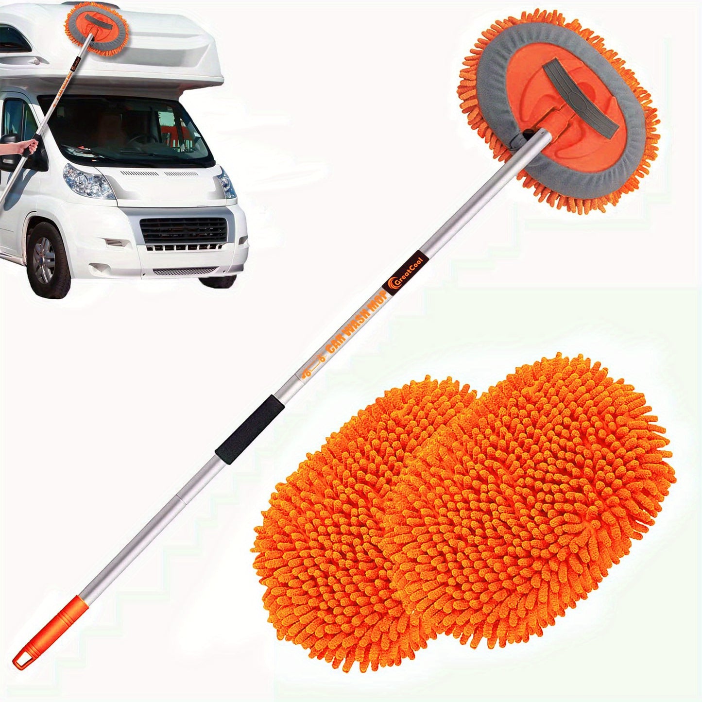 62" Car Wash Brush Kit with Long Handle, Scratch Free Mop Cleaning Mitt Suitable for Washing Cars Truck SUV RV Caravans and Household(2 X Mop Head)
