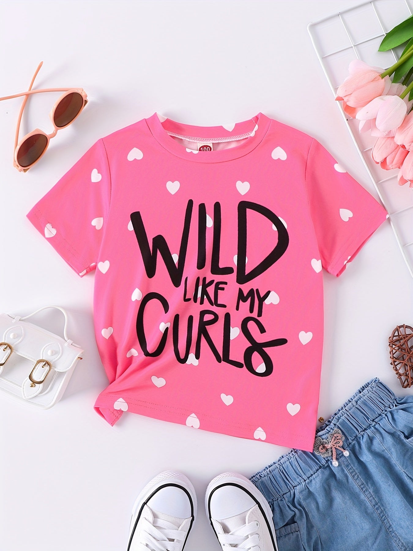 Girl's Pink Heart Print T-Shirt with English Lettering