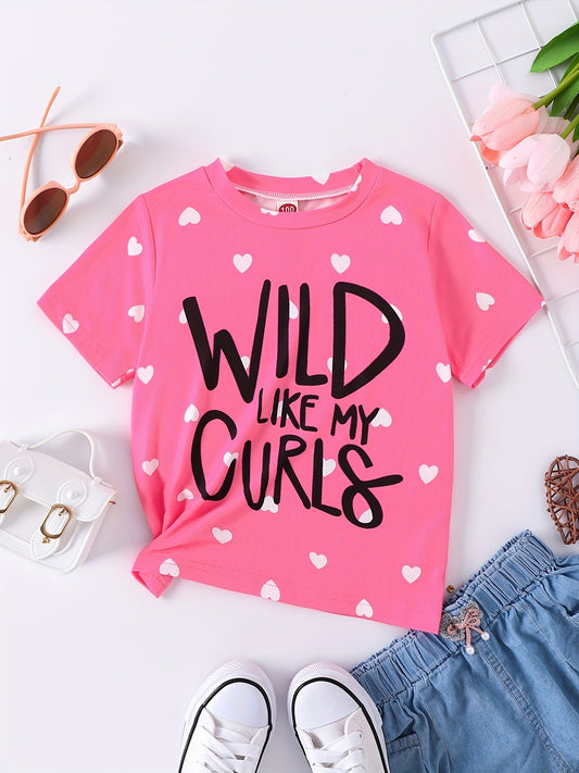 Girl's Pink Heart Print T-Shirt with English Lettering