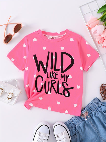 Girl's Pink Heart Print T-Shirt with English Lettering