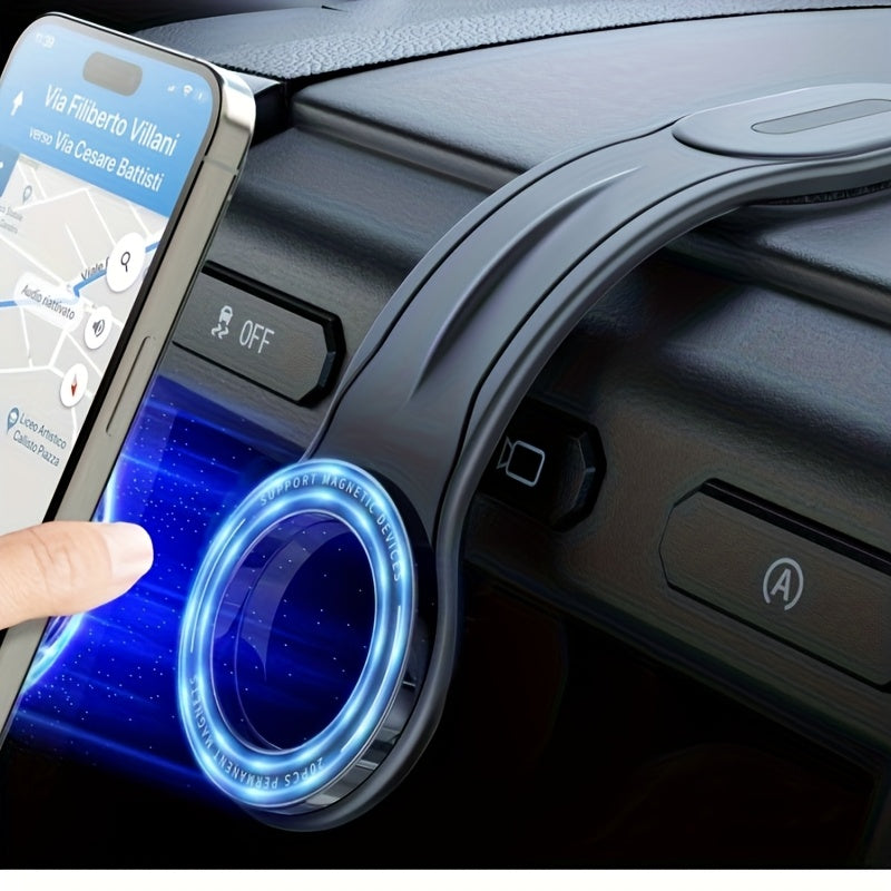 This Magnetic Car Phone Holder Features a Detachable And Flexible Aluminum Arm, Designed for Use on Car Dashboards