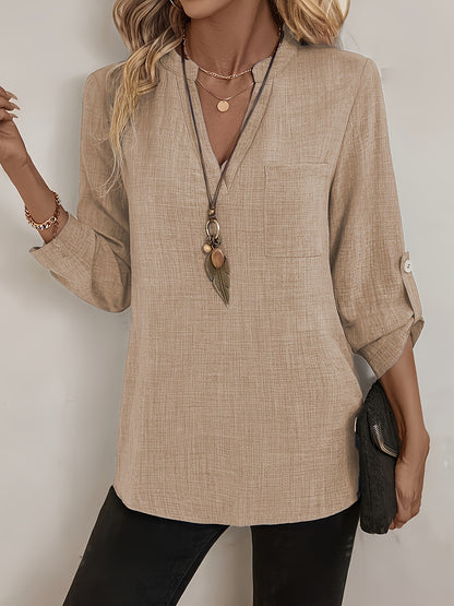 Women's Elegant V-Neck Long Sleeve Top | 100% Polyester | Button Detail, Lightweight 135g/m² | For Spring/Summer/Fall