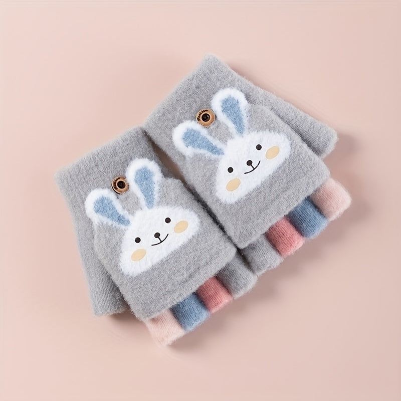 A Pair of Gloves, Thick Half-Finger Knitted Cartoon Warm Flip Gloves for Girls in Winter