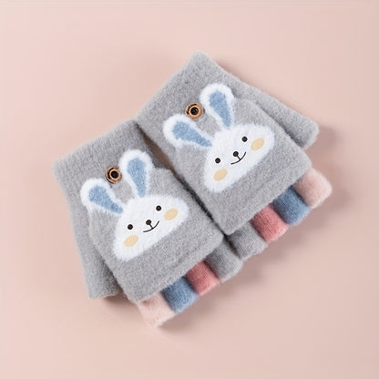 A Pair of Gloves, Thick Half-Finger Knitted Cartoon Warm Flip Gloves for Girls in Winter