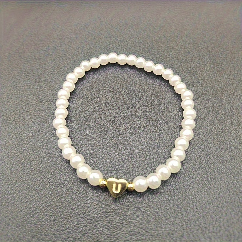 Hot Classic A-Z Heart Lnitial Letter Bracelet Women Temperament Lmitation Imitation Pearl Bead Bracelet for Women Jewelry Gift