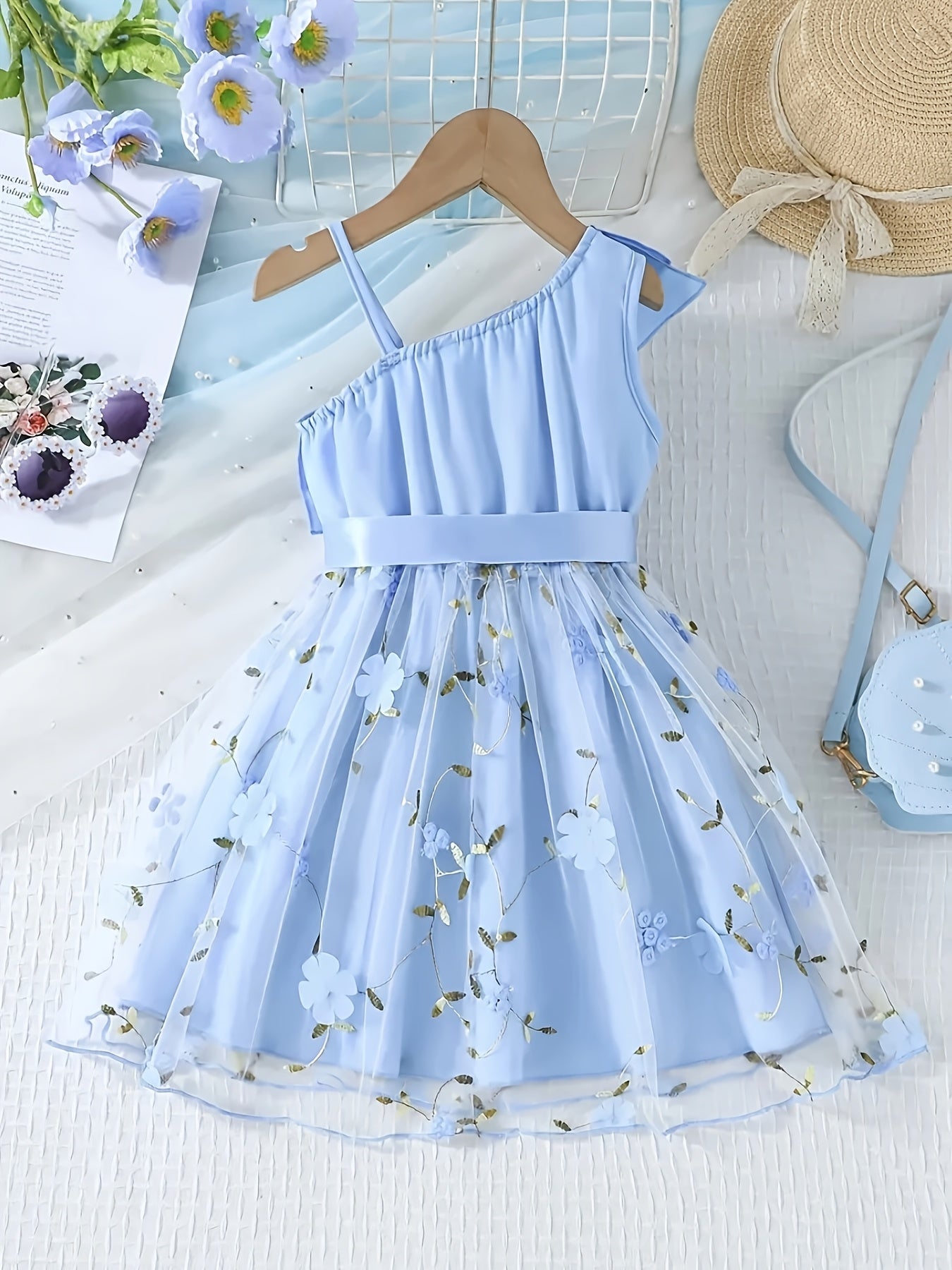 An Elegant Party Outfit Featuring a Ballet Skirt with a Belt, a Floral Embroidered Ruffled Strap Dress, Perfect for Christmas, Valentine'S Day Gifts, Holiday Parties, Gatherings, Evening Events, Weddings, Birthdays, And Everyday Wear