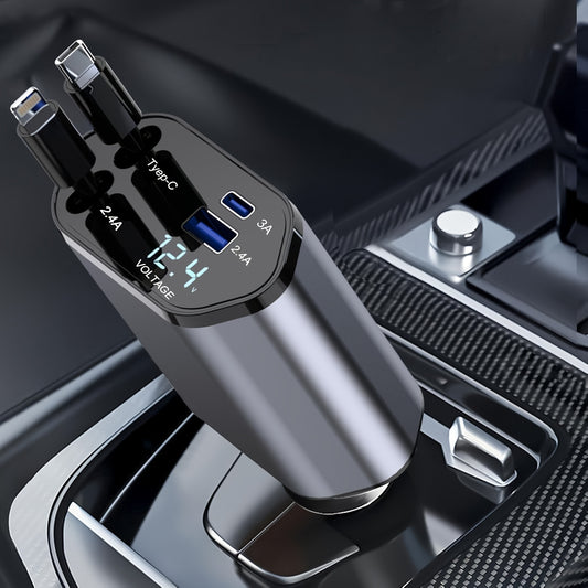 4-in-1 Fast Car Charger with Extendable 31.5" Cable, USB & Type-C Ports - Compatibility for Phone 16/15/14/13/12/11, More -Adjustable 180° Plug, Tangle-Free Design, Ideal for Dashboard Mounting, Car Charger Fast Charge