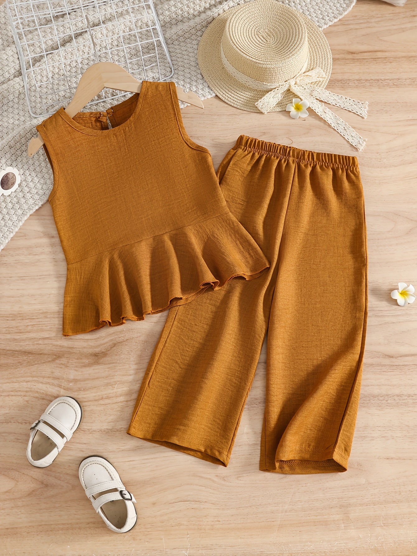 [Girls Summer Fashion Set] New Summer Fashion Set for Girls, Featuring a Blue Ruffled Sleeveless And Short-Sleeve Top Paired with Loose-Fitting Long Pants. Perfect for Everyday Outings And Vacations. This Stylish Outfit Is Ideal for Back-To-School Season