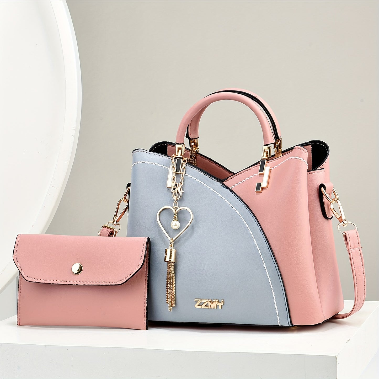 2pcs Set Fashion Colorblock Tote Bag with Shoulder Strap & Matching Clutch, Women's Elegant Handbag And Crossbody Purse Combo