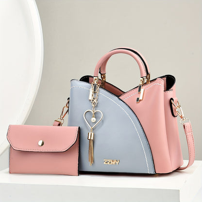 2pcs Set Fashion Colorblock Tote Bag with Shoulder Strap & Matching Clutch, Women's Elegant Handbag And Crossbody Purse Combo