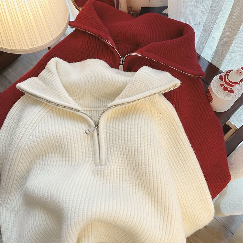Thickened knitted 2024 autumn and winter new age-reducing design zipper loose and thin lapel lazy sweater top women