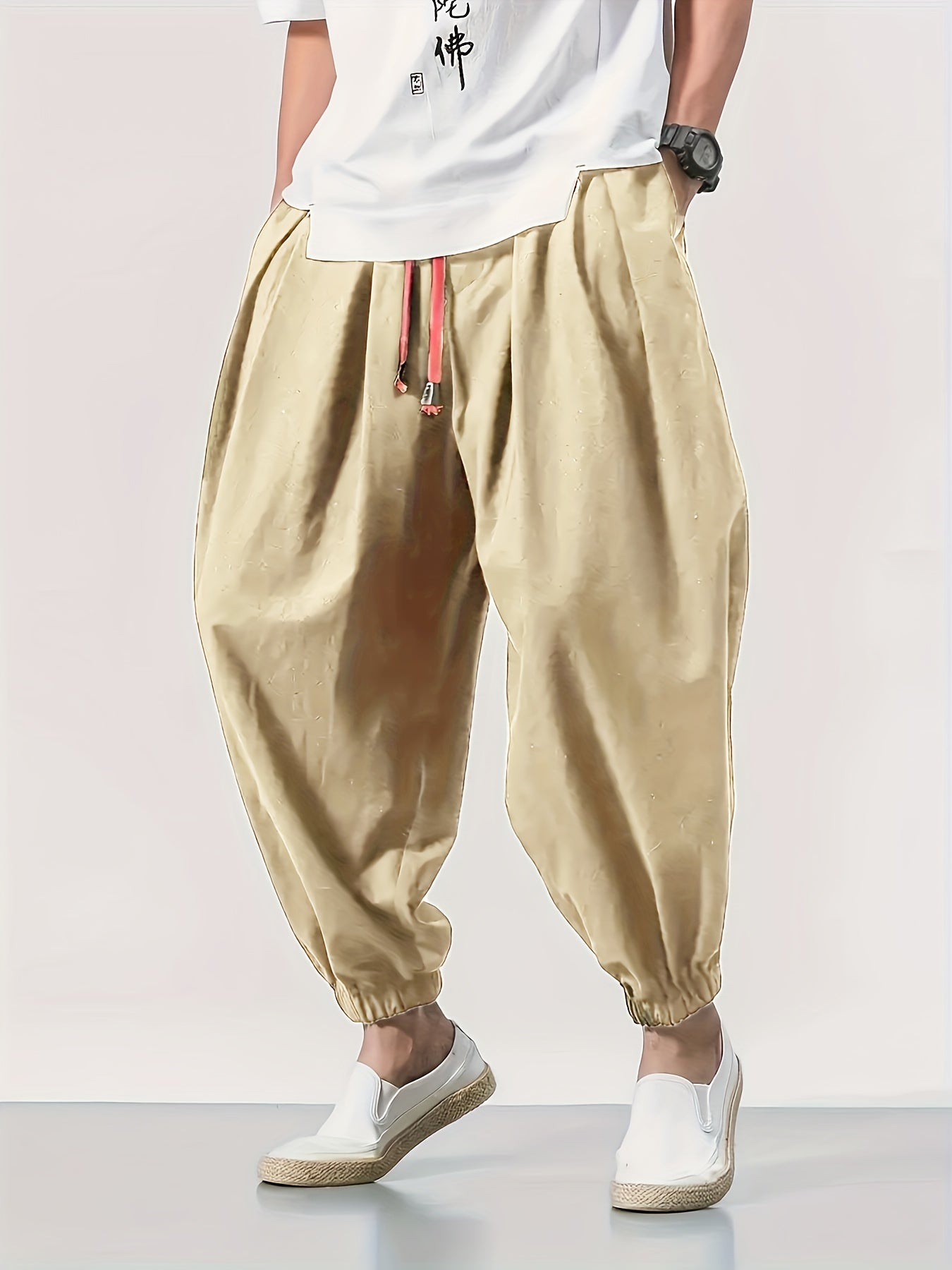 Men's Clothing, Men's Fashion Long Pants, Casual 100% Pure Material, Drawstring Hip-Hop Loose Pants, Outdoor