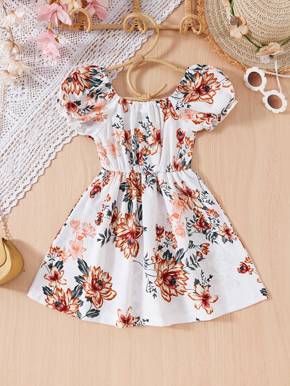 Summer Short-Sleeve Princess Dress for Girls with Lantern Sleeves And Floral Design, Perfect for Parties