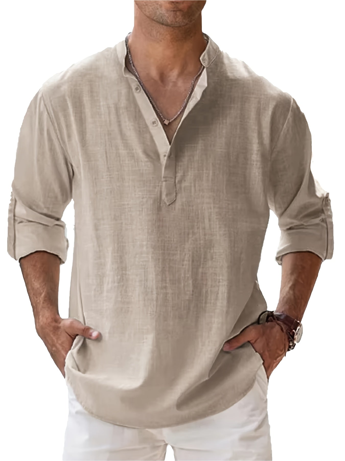 Cotton Cotton And Linen Blend Hot Men's Long-Sleeved Shirts Summer Solid Color Stand-Up Collar Casual Beach Style Plus Size Cotton And Linen Blend for Man Tops