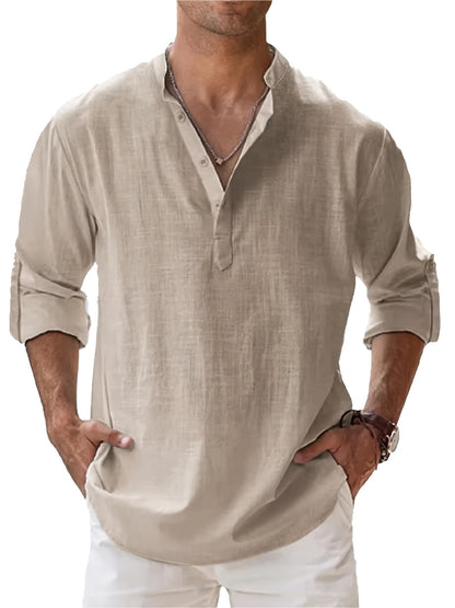 Cotton Cotton And Linen Blend Hot Men's Long-Sleeved Shirts Summer Solid Color Stand-Up Collar Casual Beach Style Plus Size Cotton And Linen Blend for Man Tops