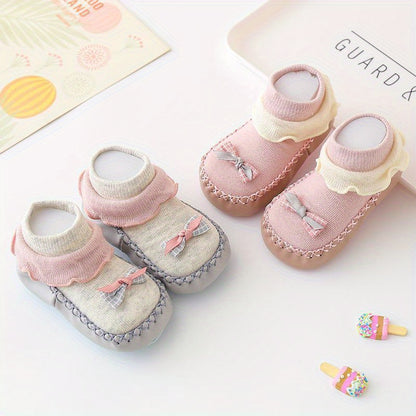 Spring/Autumn Cartoon Children's -Soled Socks, Baby's First Walking Floor Socks with Bow, Non-Slip Soft-Soled Shoe Socks for Kids