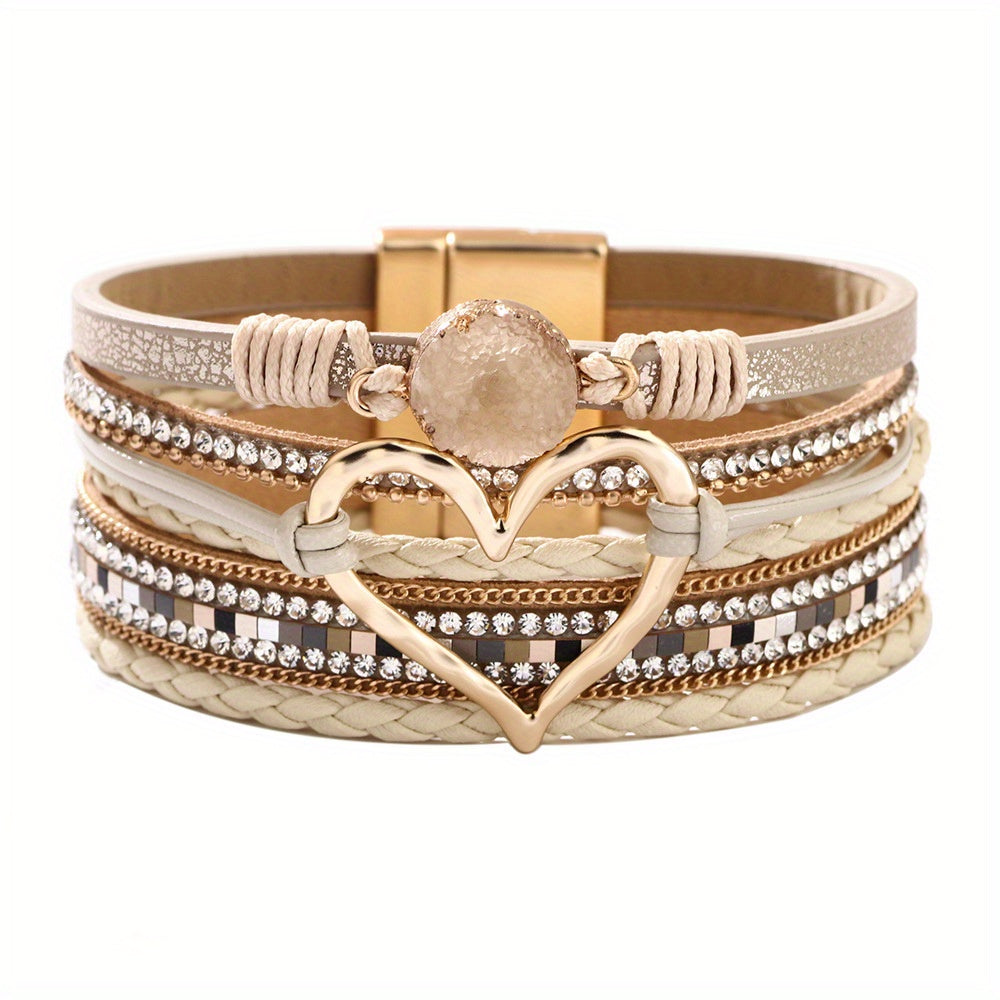 Bohemian Multi-Layer Imitate Faux Leather Bracelet Hand-Woven Bracelet Golden Big Heart Ladies Fashion Bracelet