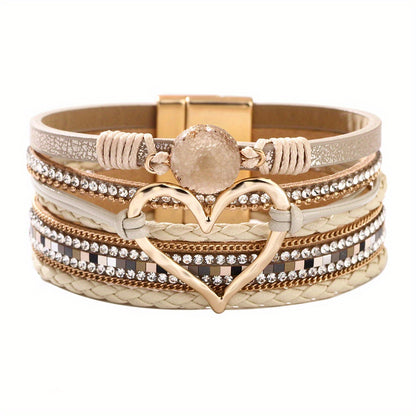 Bohemian Multi-Layer Imitate Faux Leather Bracelet Hand-Woven Bracelet Golden Big Heart Ladies Fashion Bracelet