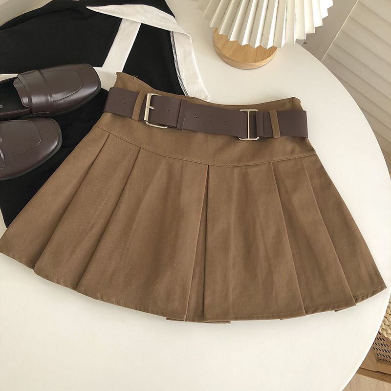 With belt high waist pleated skirt women's spring and summer 2025 new Korean version versatile anti-light khaki skirt