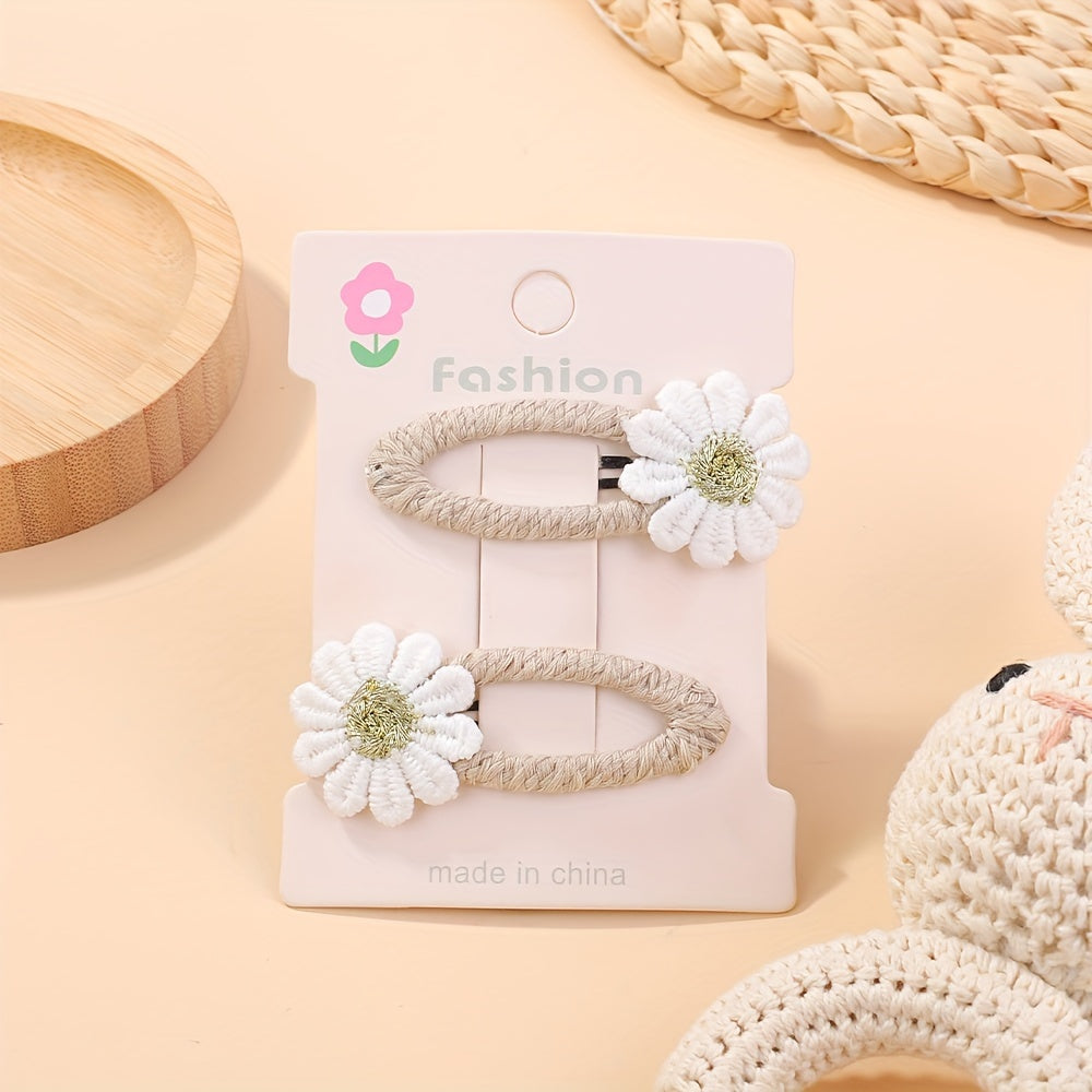 [Adorable Daisy Clips] 2pcs Adorable Darbiny Daisy Hair Clips | Fresh & Cute Fabric Handmade Bangs Accessories with Bow, Perfect for School, Polyester & Iron, Hair Accessories for Girls