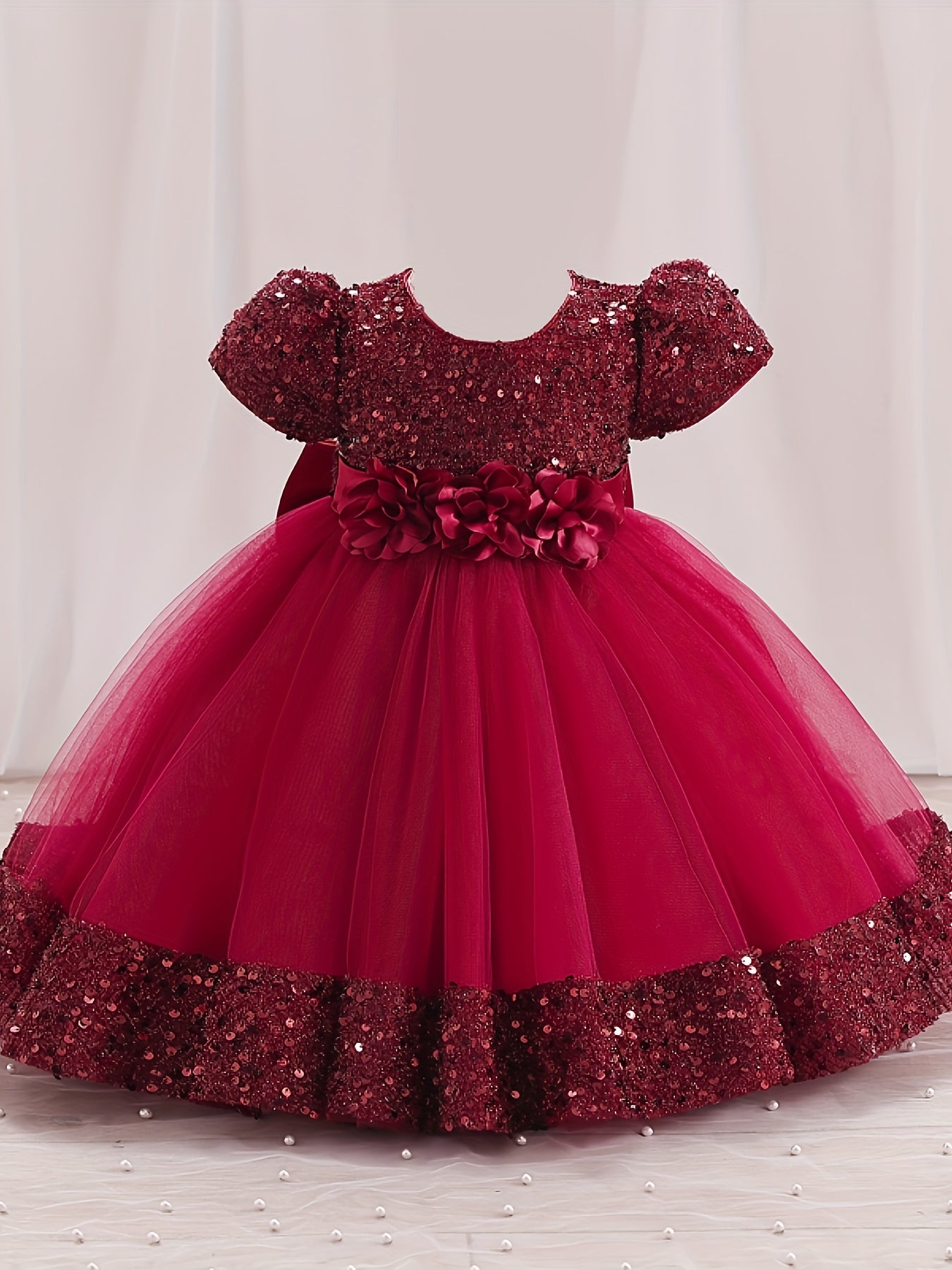 Sequined Children's Gown with Puffy Tulle Princess Dress for Baby Girl's First Birthday Party