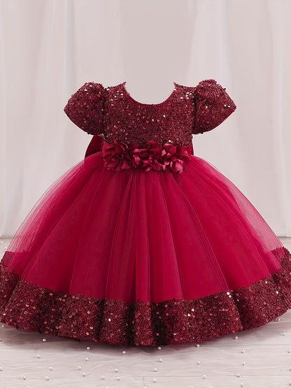 Sequined Children's Gown with Puffy Tulle Princess Dress for Baby Girl's First Birthday Party