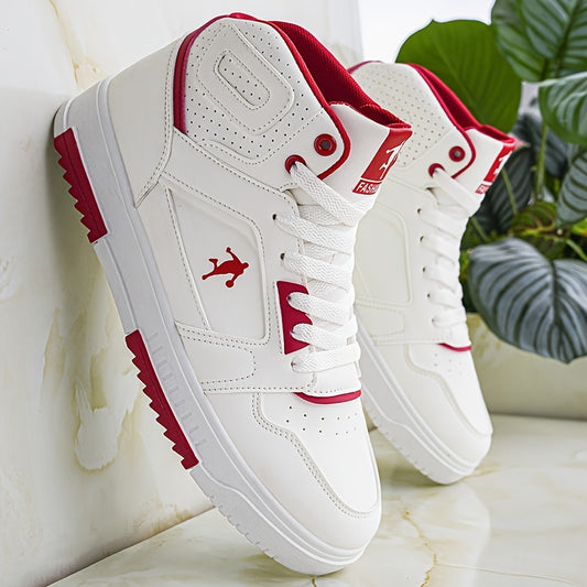Men's High-Top Casual Sneakers in Four Colors: White, Red, White/, Black, and Gray. Comfortable New Basketball Shoes for Outdoor Hiking, Cross-Country, and Basketball Courts. Plus-Size Fashionable and Versatile Streetwear for All Seasons: Spring