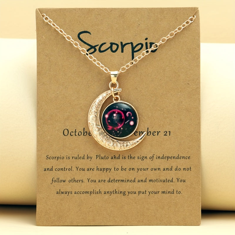 1pc Retro Glow-In-The-Dark Zodiac Moon Pendant Necklace - Vintage Style, Zinc Alloy with Accents, Adjustable Chain for Women - Ideal for Daily Wear & Gifting, Zodiac Jewelry, Gift Jewelry, Vintage Jewelry, Durable Jewelry
