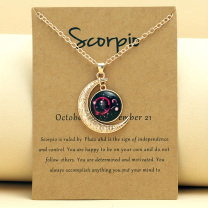 1pc Retro Glow-In-The-Dark Zodiac Moon Pendant Necklace - Vintage Style, Zinc Alloy with Accents, Adjustable Chain for Women - Ideal for Daily Wear & Gifting, Zodiac Jewelry, Gift Jewelry, Vintage Jewelry, Durable Jewelry