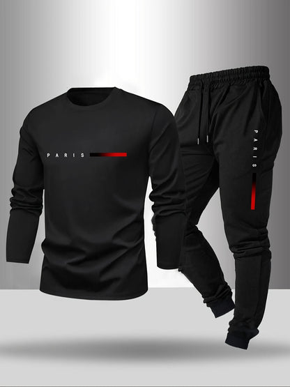 Men's Long Sleeve T-Shirt and Pants Set, Spring/Autumn 2-Piece Set with Paris Letter Print Crew Neck Long Sleeve T-Shirt + Drawstring Outdoor Casual Sports Pants Set 2-Piece