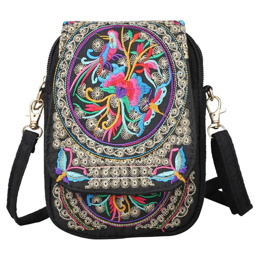 [Embroidered Crossbody Bag] Women's Embroidered Crossbody Bag - Mini Shoulder Bag - Portable Double-Layer Wallet - Phone Pouch