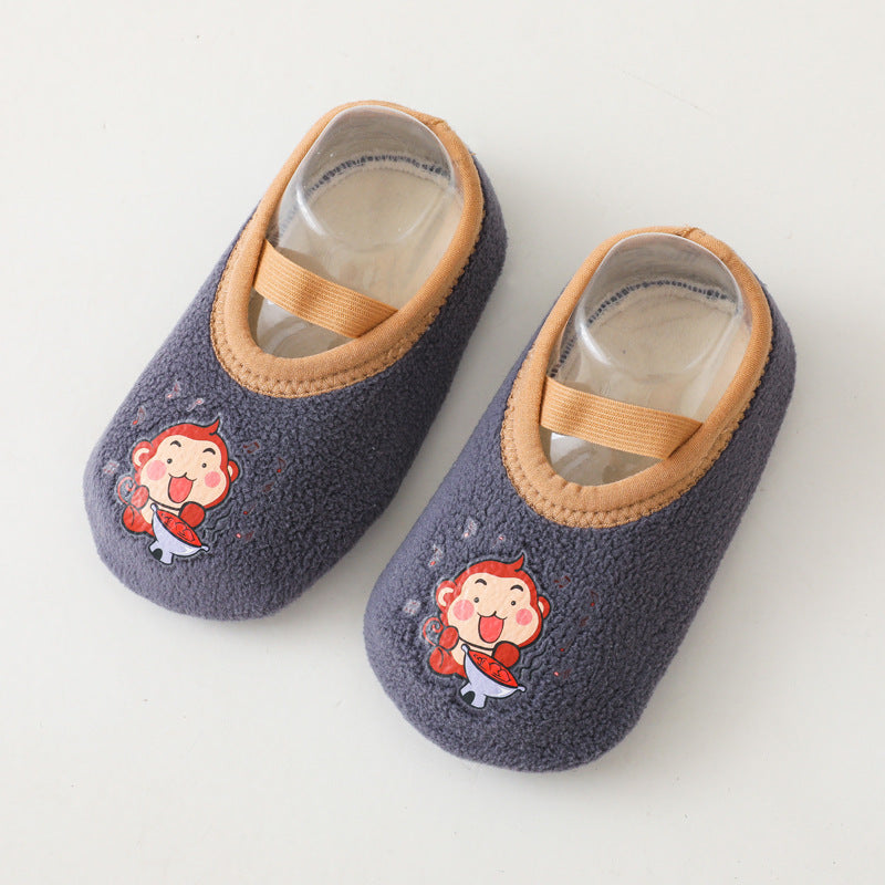 [1 Pair Youngsters Grip Socks] 1 Pair Non-Slip Grip Socks for Youngsters | Cute Cartoon Animal & Vehicle Designs, Soft Breathable Fabric, Easy Pull-On Toddler Shoes for Indoor Play, Beige & White, Playful & Durable Footwear