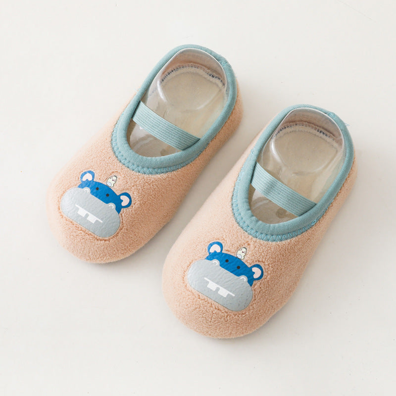 [1 Pair Youngsters Grip Socks] 1 Pair Non-Slip Grip Socks for Youngsters | Cute Cartoon Animal & Vehicle Designs, Soft Breathable Fabric, Easy Pull-On Toddler Shoes for Indoor Play, Beige & White, Playful & Durable Footwear