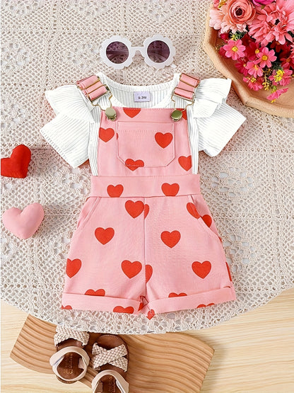 Baby Girl Two-Piece Set | Pink Floral Print Romper with Pockets and Ruffle Trim Top | Cute and Practical for Newborns, for Outdoor