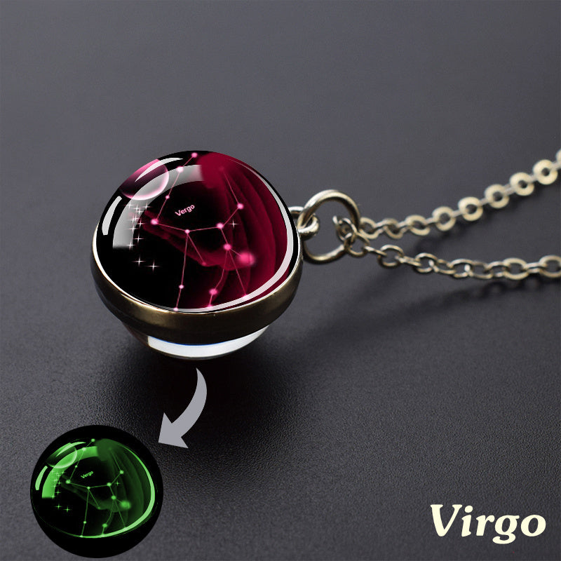 12 Constellation Necklace Starry Sky Luminous Zodiac Glass Ball Pendant Necklace Christmas Gift Glow in The Dark