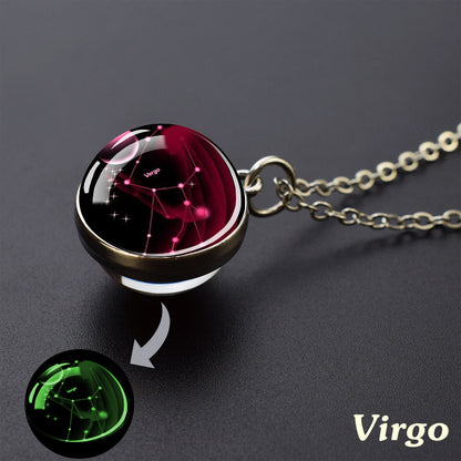 12 Constellation Necklace Starry Sky Luminous Zodiac Glass Ball Pendant Necklace Christmas Gift Glow in The Dark