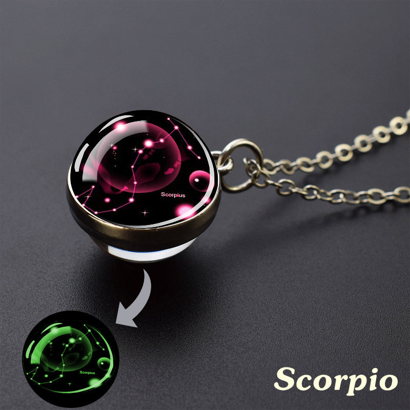 12 Constellation Necklace Starry Sky Luminous Zodiac Glass Ball Pendant Necklace Christmas Gift Glow in The Dark