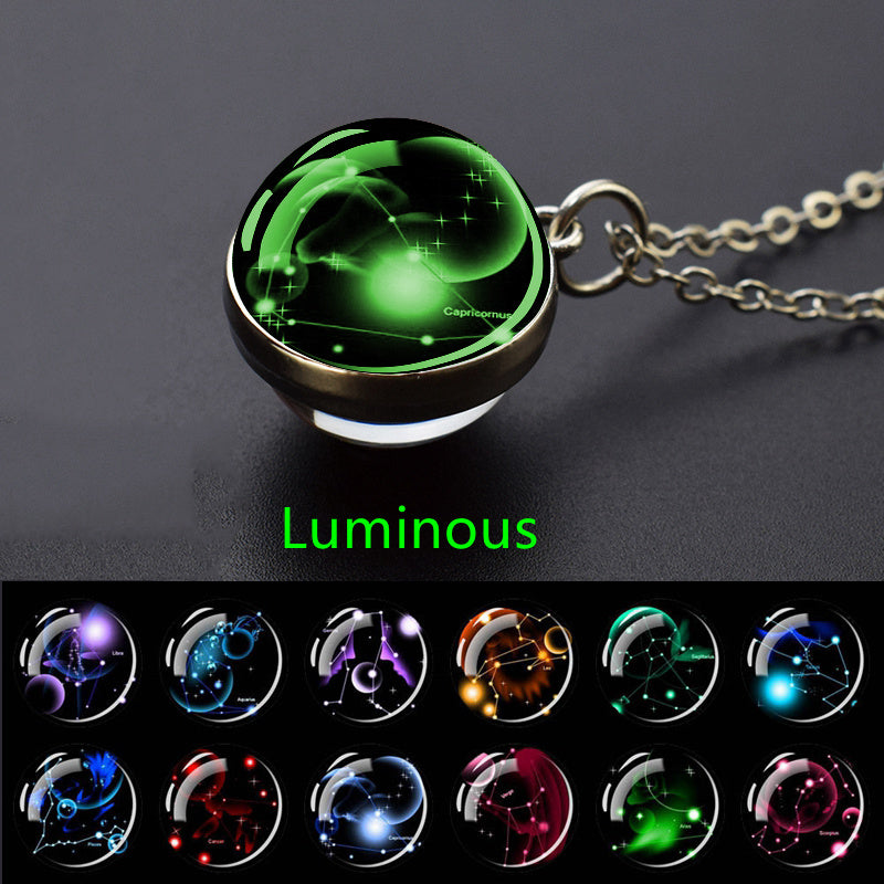 12 Constellation Necklace Starry Sky Luminous Zodiac Glass Ball Pendant Necklace Christmas Gift Glow in The Dark
