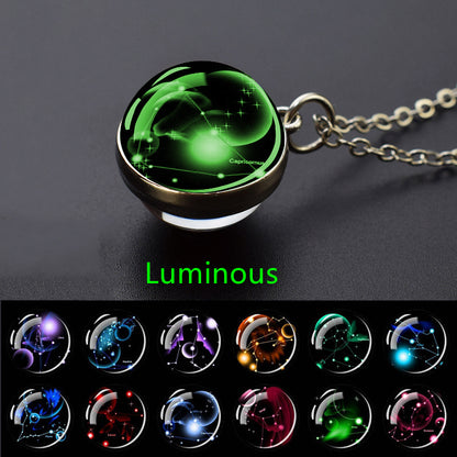 12 Constellation Necklace Starry Sky Luminous Zodiac Glass Ball Pendant Necklace Christmas Gift Glow in The Dark