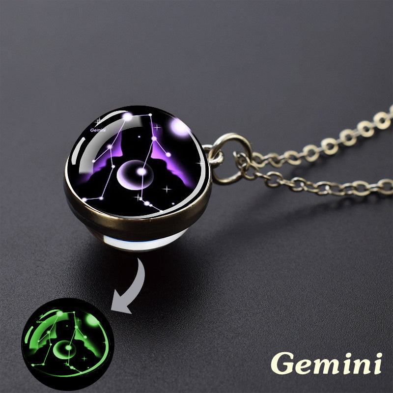 12 Constellation Necklace Starry Sky Luminous Zodiac Glass Ball Pendant Necklace Christmas Gift Glow in The Dark