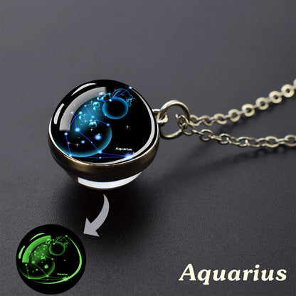 12 Constellation Necklace Starry Sky Luminous Zodiac Glass Ball Pendant Necklace Christmas Gift Glow in The Dark