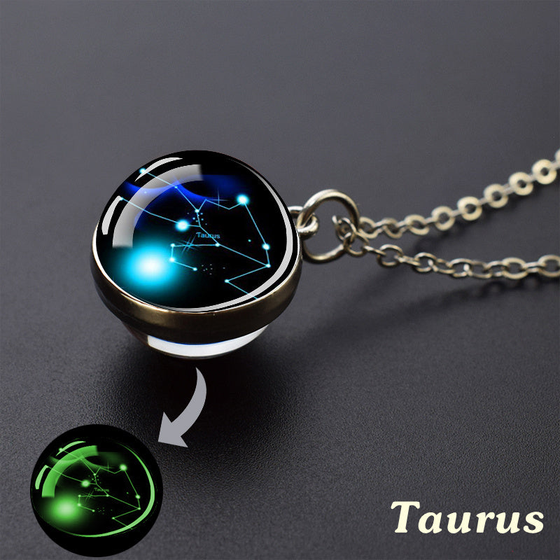 12 Constellation Necklace Starry Sky Luminous Zodiac Glass Ball Pendant Necklace Christmas Gift Glow in The Dark