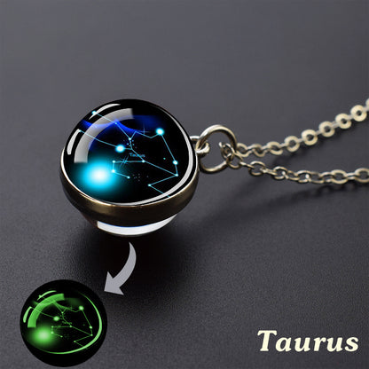 12 Constellation Necklace Starry Sky Luminous Zodiac Glass Ball Pendant Necklace Christmas Gift Glow in The Dark
