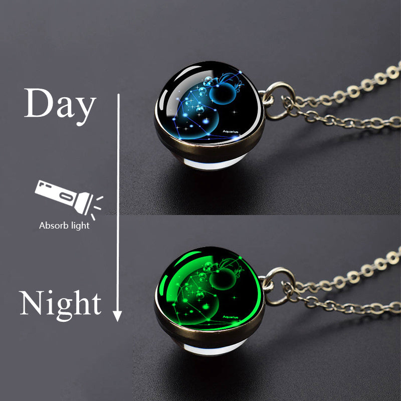 12 Constellation Necklace Starry Sky Luminous Zodiac Glass Ball Pendant Necklace Christmas Gift Glow in The Dark