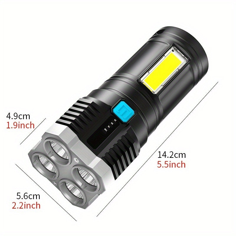 ANYICE 1pc LED Torch, IPX4 Strong 4 LED Flashlight with COB Side Light, 4 Modes USB Rechargeable LED Lantern, Flashlight with Built-In Battery, Camping Equipment