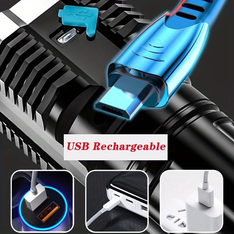 ANYICE 1pc LED Torch, IPX4 Strong 4 LED Flashlight with COB Side Light, 4 Modes USB Rechargeable LED Lantern, Flashlight with Built-In Battery, Camping Equipment