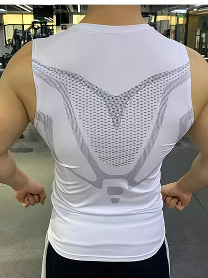 High Stretch Men's Compression Tank Top, Geometric Print Skinny Fit Sports Vest, Moisture Wicking And Quick Dry Active Top For Training, Basketball And Fitness Wear