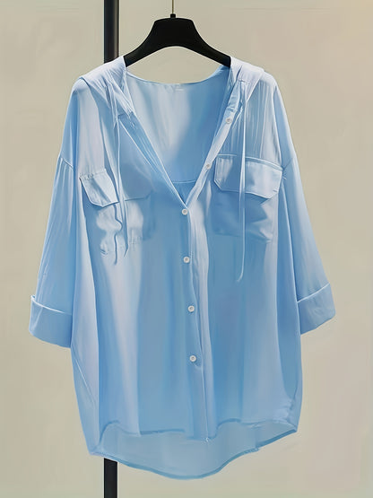 Solid Pocket Button Hooded Blouse, Casual Drawstring Blouse For Spring & Summer, Women's Clothing