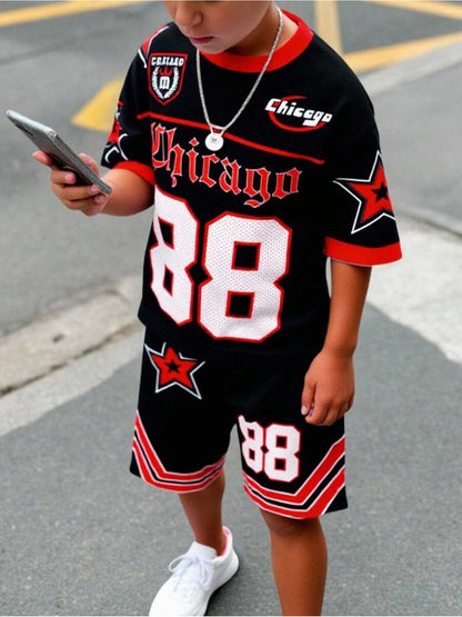 2pcs Short-sleeve Shirt and Shorts Set | Printed Sportswear, Breathable and Quick-drying, Suitable for Boys and Girls, Casual Style, Perfect for Outdoor, Street, and School Wear, Perfect for Outdoor