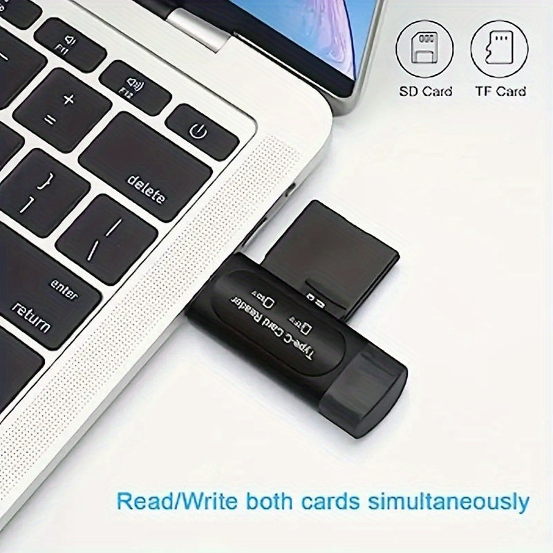 4-in-1 USB Mini SD Card Reader - Dual Card Slots, Type C/USB A Adapter for PC, MacBook, Galaxy, Tablet | Compact, No Battery Needed, Memory Card Expansion